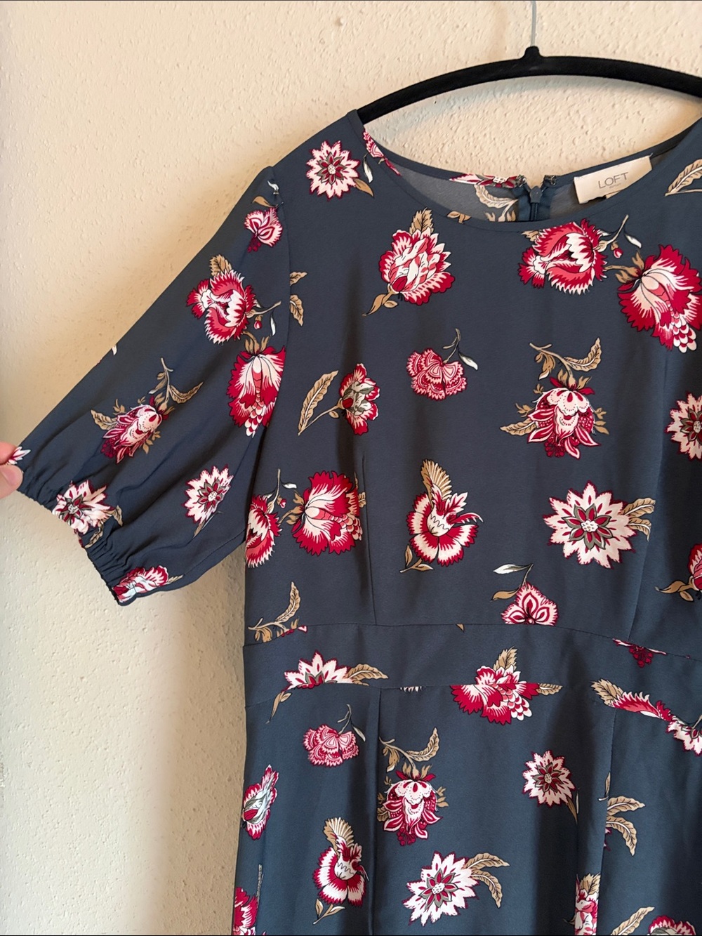 LOFT Charcoal Midi Dress with Red and Pink Floral Print - Picture 4 of 6